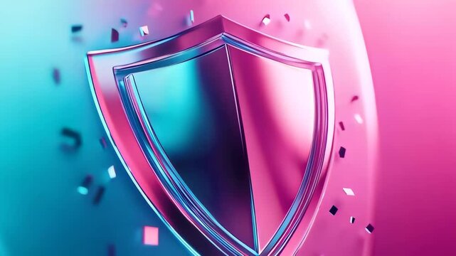 Shiny metallic shield emblem with falling confetti against neon pink and cyan gradient, subtle rotation and parallax motion for a futuristic celebration