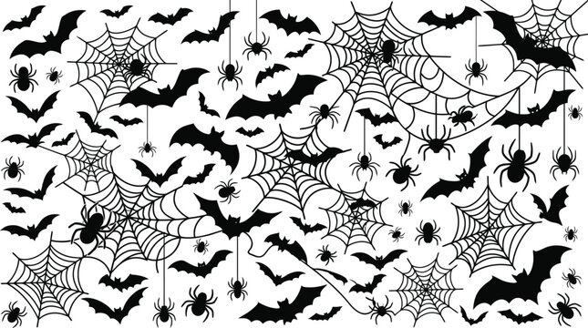 Halloween themed black silhouette pattern of bats spiders and spiderwebs on white background