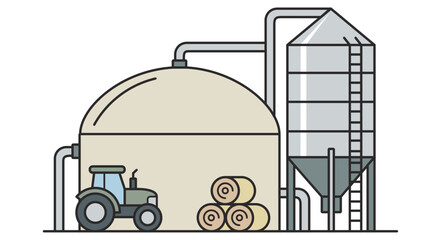 Agricultural biogas plant with tractor and hay bales flat illustration © CocoonVectorStories