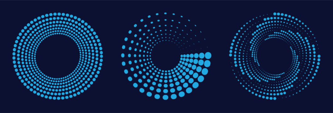 Set of three concentric halftone dot circles with varying density gradients in blue on light background. Minimalist vector icons for technology, UI design, loading spinner and modern branding concepts