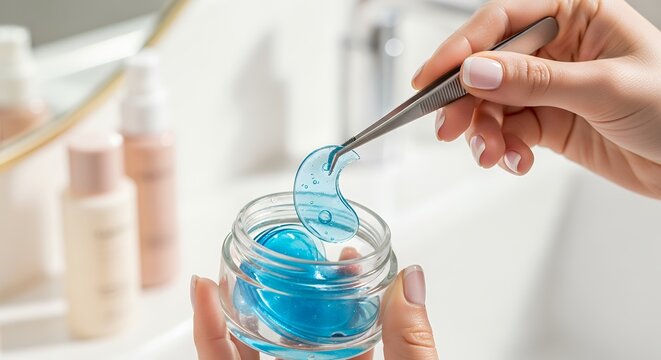 Hand taking blue hydrogel eye patch out of jar with tweezers