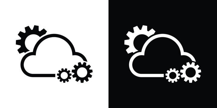 Cloud engineering icon featuring an outline of a cloud surrounded by mechanical gears, representing data processing, system automation, and setup.