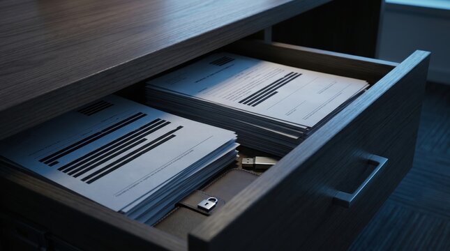 Realistic premium business security concept showing sensitive corporate files, compliance documents and financial reports in modern office drawer with dramatic shadows