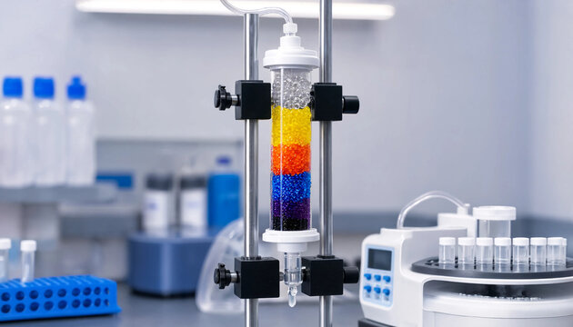 Glass chromatography column packed with resin, containing coloured protein bands separating as buffer flows through &ndash; bands moving down the column at different rates, biochemical purification tech