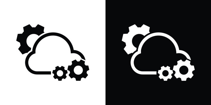 Cloud engineering icon featuring an outline of a cloud surrounded by mechanical gears, representing data processing, system automation, and setup.