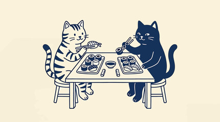 Two cute cats sitting at a table eating sushi with chopsticks © SampaRani