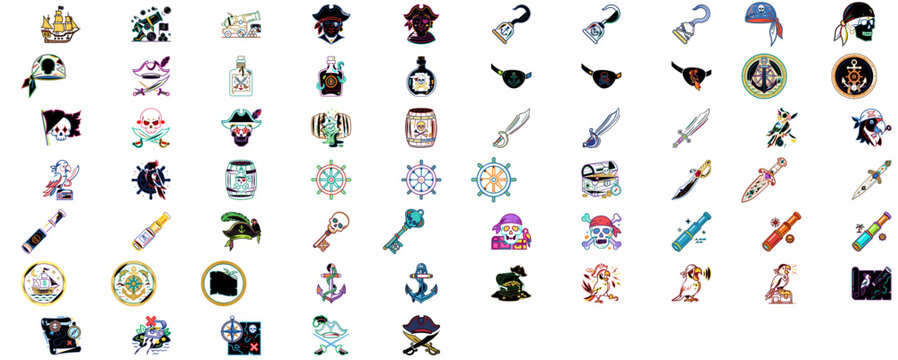 Extensive collection of 65 maritime and buccaneer symbols in a sleek linear style. Features seafaring vessels, skeletal heads, naval weaponry, and tropical macaws. Customizable outlines.