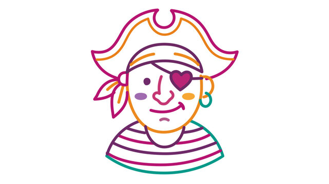 Whimsical buccaneer portrait featuring a heart-contoured eye shield and three-cornered cap, sleek linear mascot with modifiable path density and flexible border width options.
