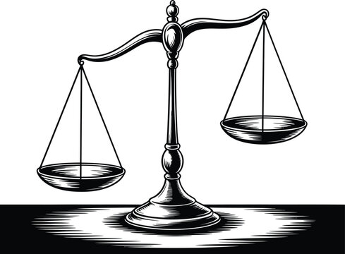 Balance scales with uneven weights black and white judgment weighing equilibrium fairness imbalance comparison measurement illustration department