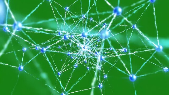 Dynamic Digital Network Nodes on Green Screen - A visually striking video showcasing interconnected digital network nodes against a vibrant green chroma key background.