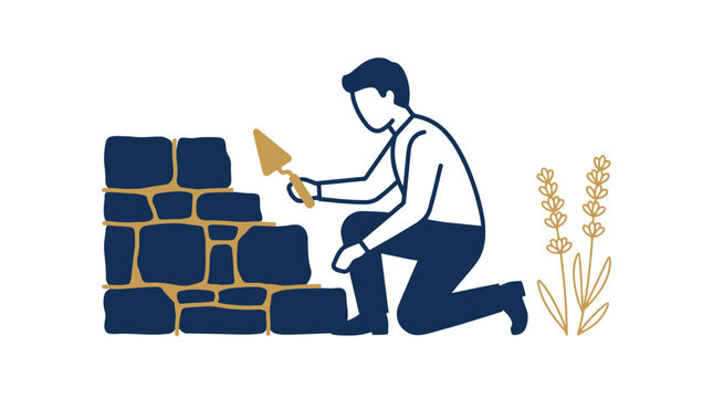 Construction worker building a stone wall with trowel, illustration of masonry and home improvement, simple line art