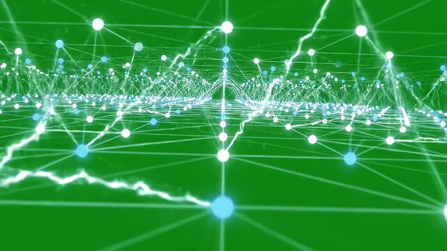 Digital Network Nodes on Chroma Key Background - The video depicts a dynamic digital network of glowing nodes interconnected by lines, set against a vivid green chroma key background.