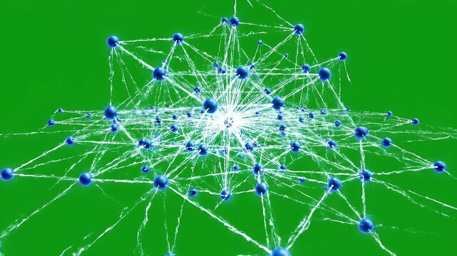 Dynamic Digital Network Nodes on Green Screen - An abstract visualization of interconnected digital network nodes against a chroma key green screen background.