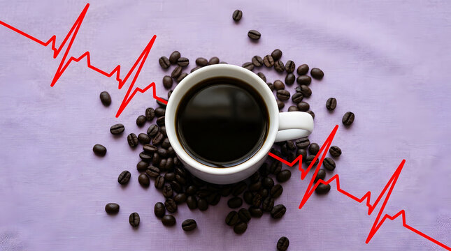 Financial market volatility depicted with a coffee cup and scattered beans suggesting early morning investment decisions