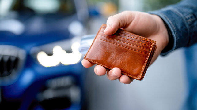 Hand holding empty leather wallet near car, symbolizing auto expenses, payment problems, debt, and financial pressure