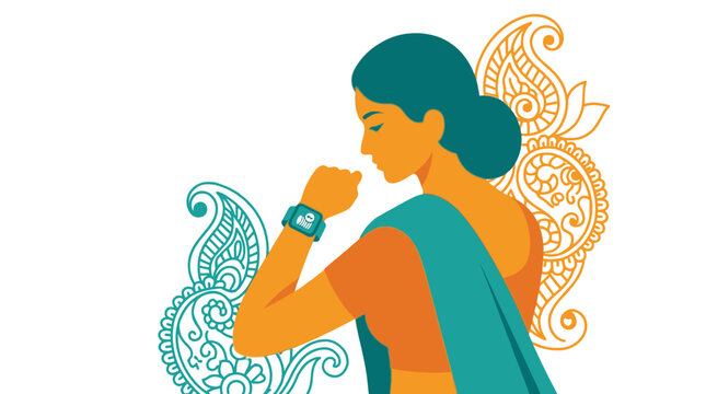 Indian woman in traditional sari and bangles, profile view, with decorative paisley patterns, vibrant colors, cultural illustration