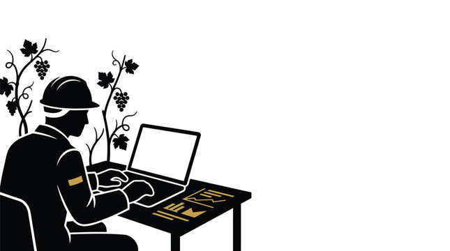 Isolated construction worker in hard hat using laptop computer on desk with schematic diagrams, grapevine in background, black and white line art illustration