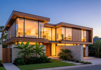 Fototapeta premium Modern twostory house with large windows and warm lighting at dusk outside