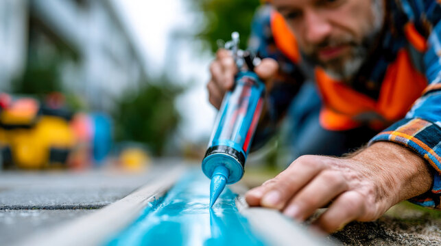 Worker applying blue sealant with caulk gun to a concrete floor gap, close-up of home repair, renovation, and waterproofing work