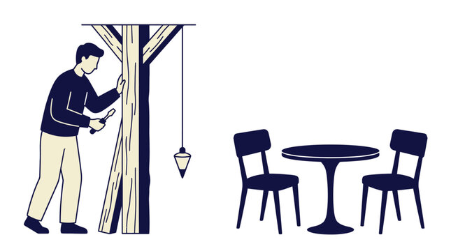 Man using plumb bob to check vertical alignment of wooden structure, with cafe table and chairs nearby, construction and planning concept