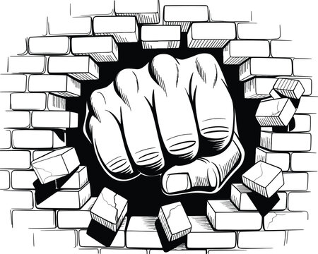 Fist breaking through brick wall with black and white breaking destruction strength struggle challenge obstacle overcome breakthrough determination