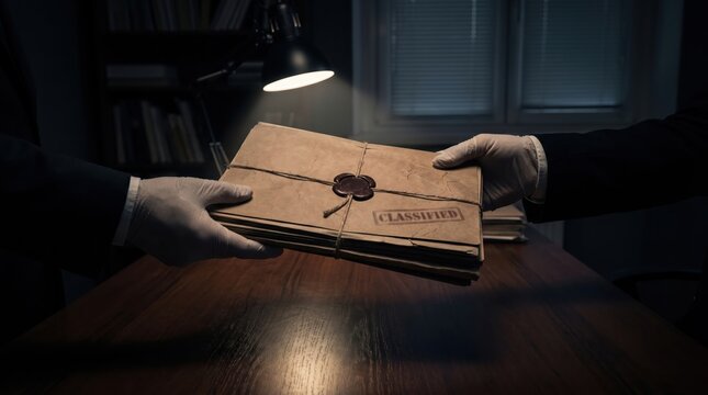 Realistic secure information exchange concept showing confidential folders being passed in a dim office environment with ultra detailed paper textures and cinematic shadows