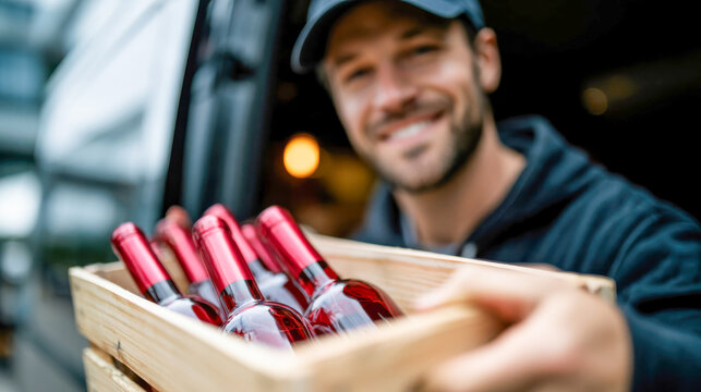 Smiling man delivering a wooden crate of red wine bottles from a van, close-up of beverage logistics and hospitality supply