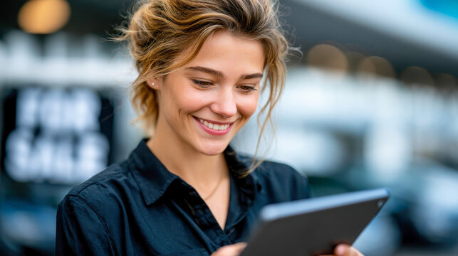 Smiling woman holding a tablet near public transport, representing digital travel planning, urban mobility, and commuter technology