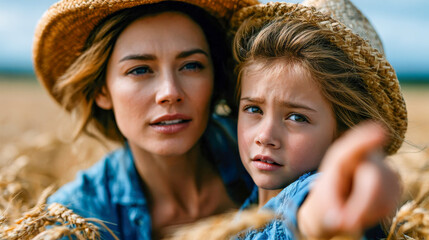 Obraz premium Woman and child in straw hats standing in a golden wheat field and pointing ahead, representing family, agriculture, harvest, and rural summer life