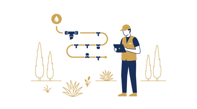 Agricultural technician monitoring irrigation system with tablet, smart farming technology, precision agriculture, crop management, water conservation