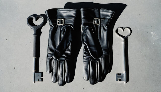 Luxury fashion lookbook series: Black leather gloves and metal vintage keys on concrete background