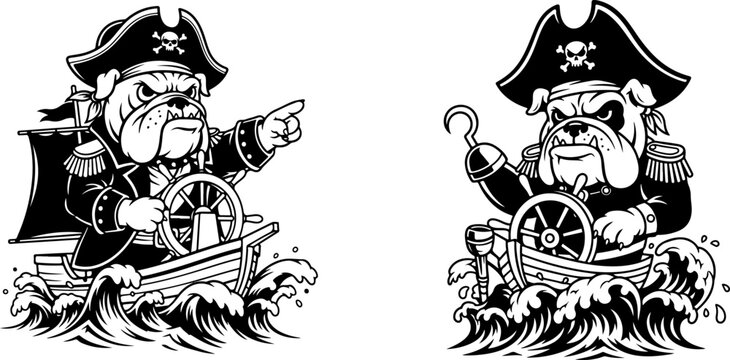 Bulldog pirates on boat steering wheel hook, skull flag, rough sea waves.