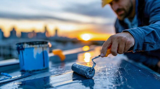 Worker applying blue waterproof coating on a rooftop with a paint roller at sunset, showing construction, repair, and roof protection