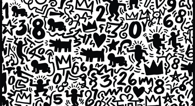 Doodle pattern with numbers figures and symbols in black and white