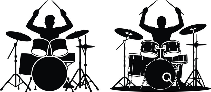 Drummer playing drum set silhouette with musician percussion performance silhouette instrument illustration