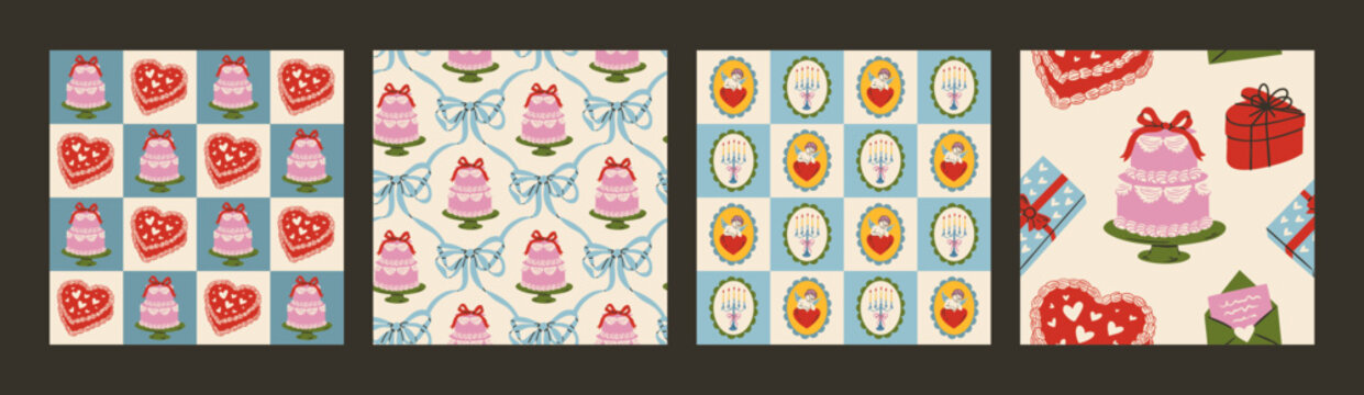 Seamless romantic doodle pattern with hearts, bows, doves, cakes and drinks. Cute vintage coquette illustration for Valentine&rsquo;s Day, weddings and gifts. Trendy feminine design for wallpaper.
