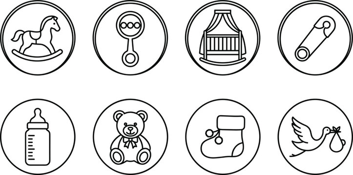 Baby Care and Newborn Line Icon Set Featuring Rocking Horse Rattle Crib Safety Pin Feeding Bottle Teddy Bear Bootie and Stork for Nursery Graphic Designs