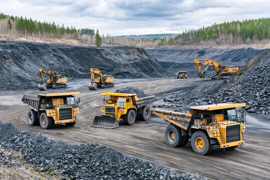 Heavy Mining Trucks and Excavators Working in Open Pit Quarry