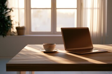 Fototapeta premium Minimal Home Office Workspace with Laptop and Coffee Cup in Morning Sunlight