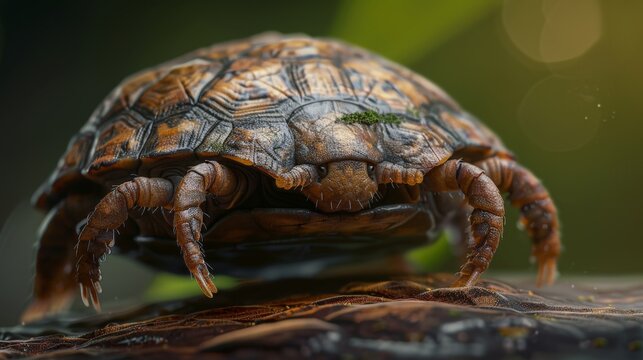 Tiny turtle rests on damp, mossy log. Brown shell patterns reflect earthy tones. Tiny limbs grip surface with cautious grace. Soft bokeh blurs background into gentle green. Ideal for nature, wildlife
