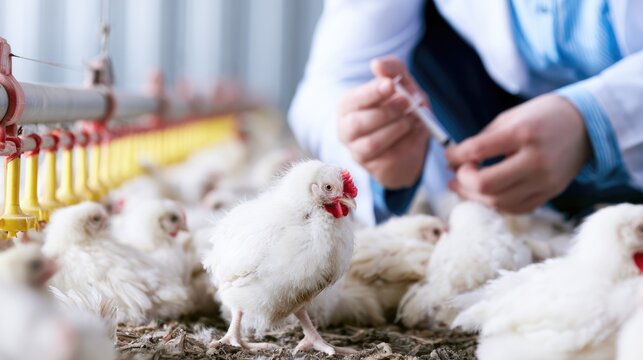 Veterinarian Vaccinating Chickens at Poultry Farm for Animal Health and Biosecurity