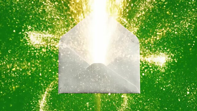 Envelope with Radiant Light Burst on Green Screen - An envelope opens mid-air, releasing a dazzling burst of light and golden particles against a chroma key green screen background, creating a