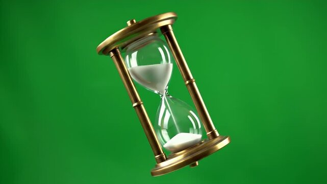 Floating Hourglass Against Green Screen - A classic hourglass with golden frames is seen suspended against a vibrant green chroma key background.