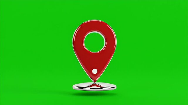 Red Location Pin on Green Screen Background - A red 3D location pin icon is centered against a vibrant green screen background, creating a striking contrast.