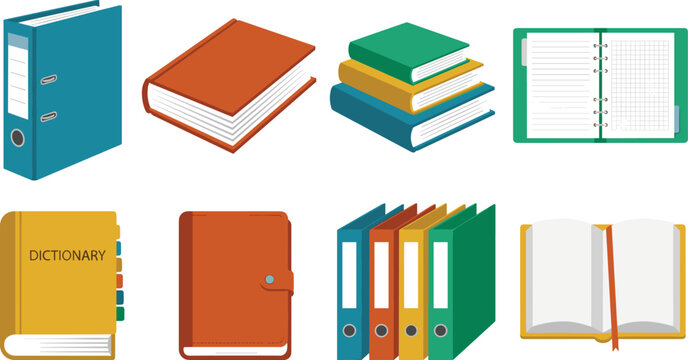 Flat School and Office Stationery Vector Icon Set Featuring Ring Binders Hardcover Books Stacking Notebooks Open Planner Diary Open Book and Dictionary
