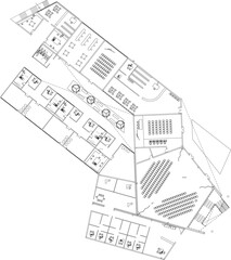 Fototapeta premium Technical floor plan drawing of a modern office or educational facility layout, featuring partitioned workspaces, classrooms, and seating arrangements