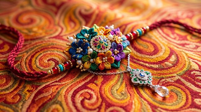 Decorative Rakhi Thread on Traditional Fabric - Raksha Bandhan Festival Background Vector