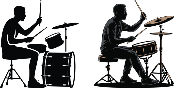 Silhouette of a drummer playing a drum kit side profile hi hat snare drum bass drum musician silhouette percussion instrument performance drumsticks