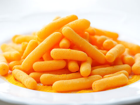 Macro Close Up of Crunchy Cheese Puffs with Cheddar Seasoning Texture and Vibrant Orange Snack Background Pile of Crunchy Orange Cheese Puffs, Crispy Corn Snack Extrudates Background Texture