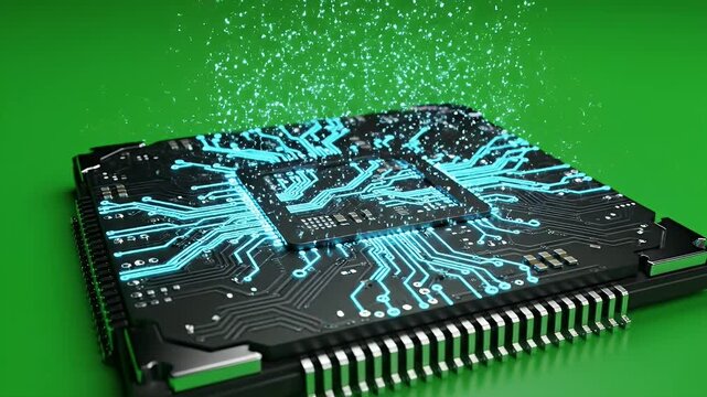Futuristic AI Chip with Glowing Circuitry - A close-up view of a futuristic AI chip emitting a vibrant blue glow, symbolizing advanced technology and innovation.
